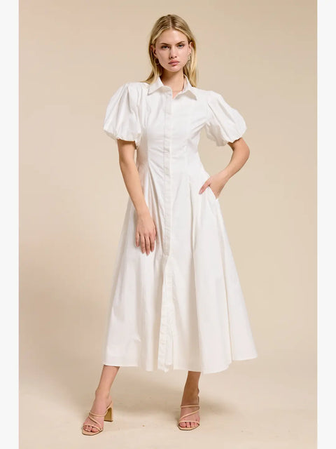 White Puff-Sleeve Midi Dress