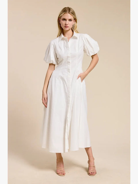 White Puff-Sleeve Midi Dress