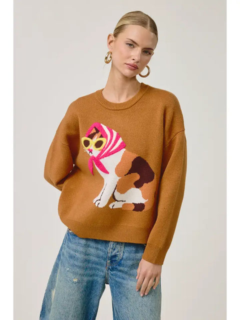 Café Cat Sweater Pullover in Camel