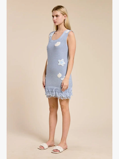 Seaside Shell Sweater Tassel Mini Dress