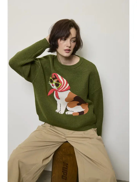 Café Cat Sweater Pullover in Olive