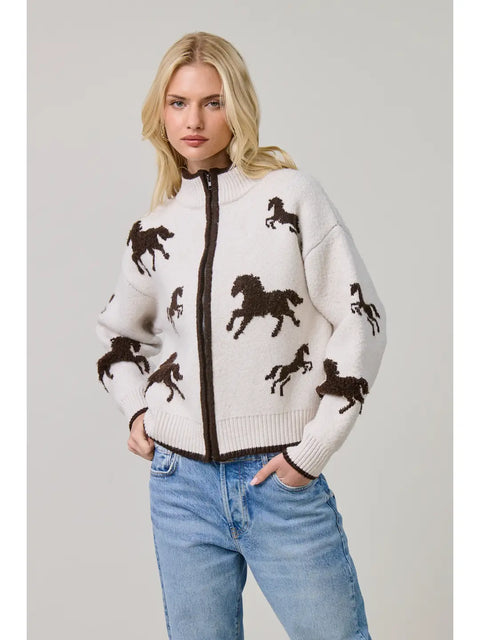 Horse Zip-Up Sweater Cardigan