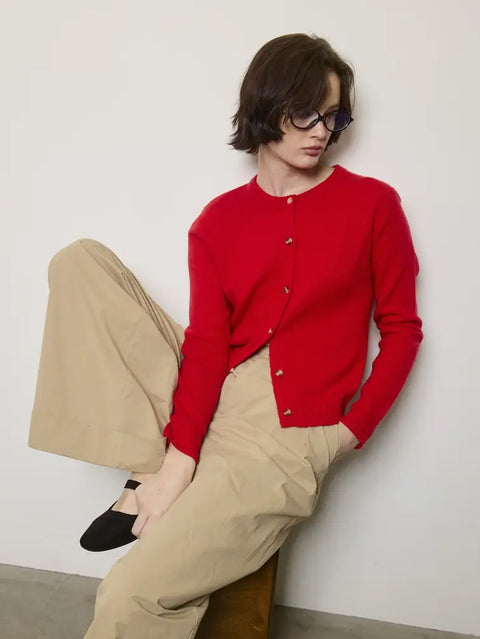 Essential Cashmere Crew Cardigan in Ruby