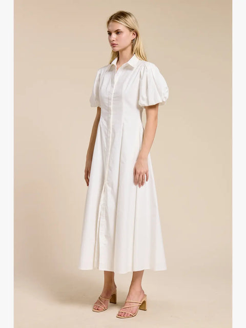 White Puff-Sleeve Midi Dress