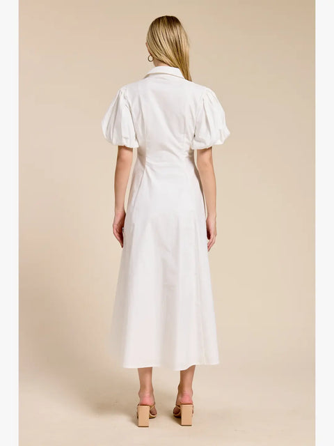 White Puff-Sleeve Midi Dress