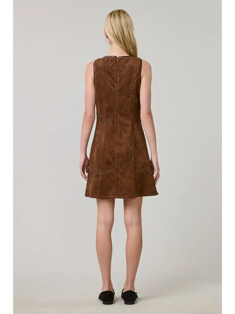 Vegan Suede Floral Embroidered A-Line Dress