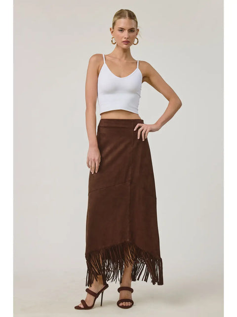 Western Fringe Suede Maxi Skirt