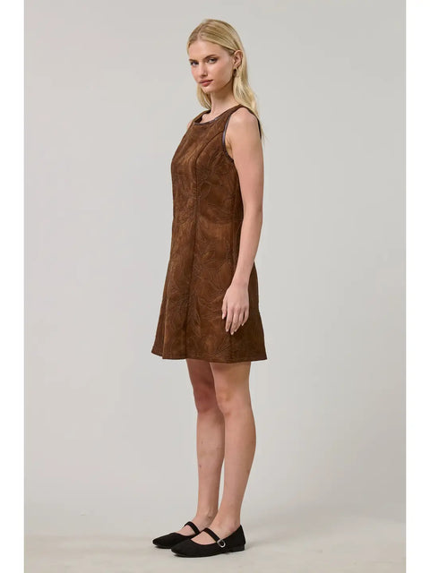 Vegan Suede Floral Embroidered A-Line Dress