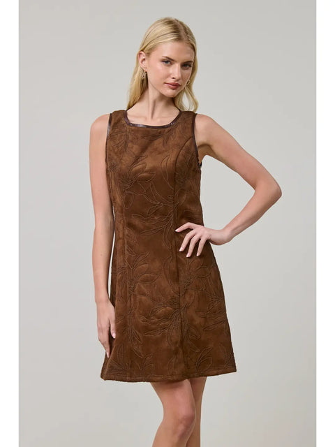 Vegan Suede Floral Embroidered A-Line Dress