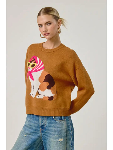 Café Cat Sweater Pullover in Camel