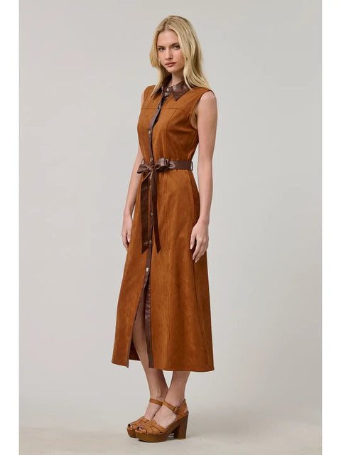 Western Vegan Suede Tie-Waist Midi Dress