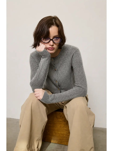 Essential Cashmere Crew Cardigan in Heather Grey