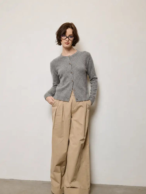 Essential Cashmere Crew Cardigan in Heather Grey