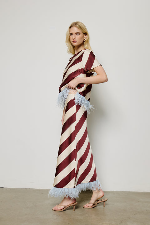 Maribel Feather-Trim Striped Maxi Skirt