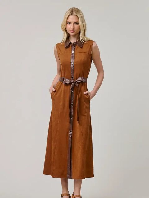 Western Vegan Suede Tie-Waist Midi Dress