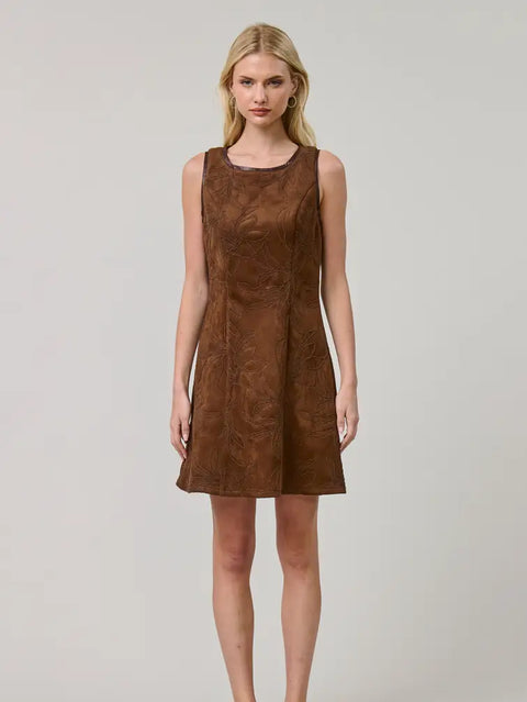 Vegan Suede Floral Embroidered A-Line Dress