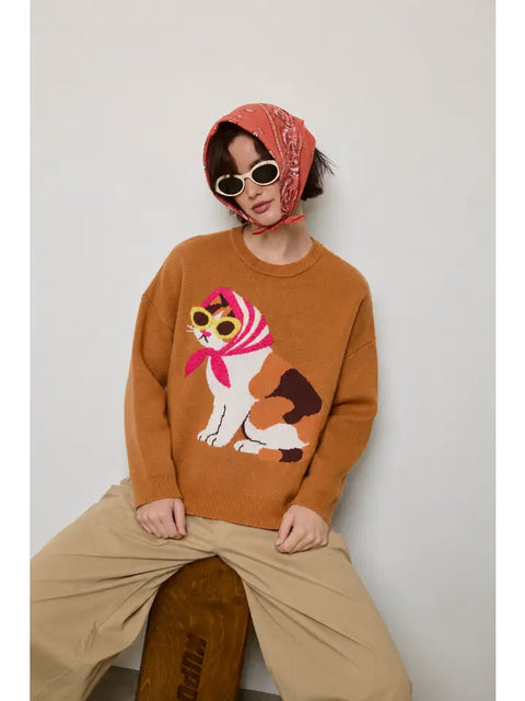 Café Cat Sweater Pullover in Camel