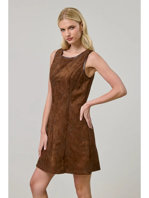 Vegan Suede Floral Embroidered A-Line Dress
