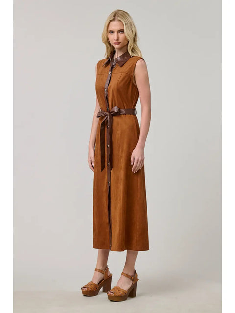 Western Vegan Suede Tie-Waist Midi Dress