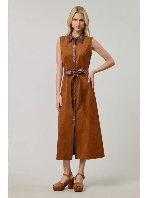 Western Vegan Suede Tie-Waist Midi Dress