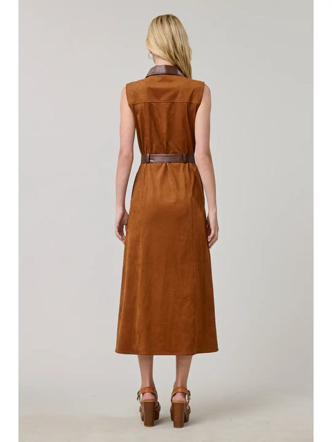 Western Vegan Suede Tie-Waist Midi Dress
