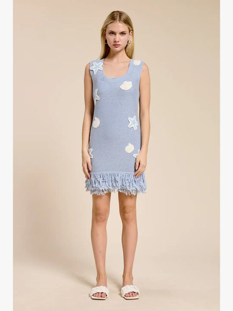 Seaside Shell Sweater Tassel Mini Dress