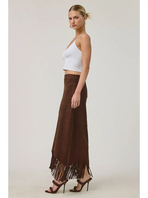 Western Fringe Suede Maxi Skirt