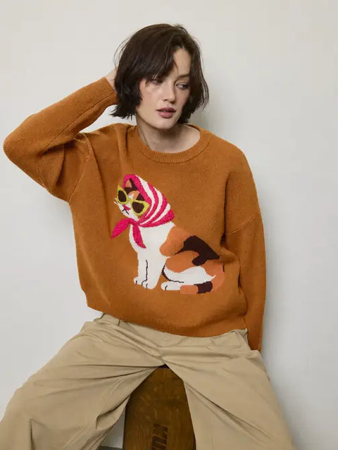 Café Cat Sweater Pullover in Camel