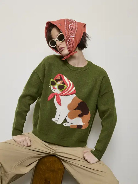 Café Cat Sweater Pullover in Olive