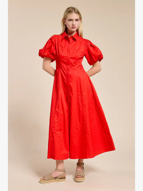 Scarlet Puff-Sleeve Midi Dress